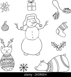 Doodle vectoriel dessiné à la main. Ensemble nouvel an avec bonhomme de neige, cerf de chat, décoration de Noël, chaussette, moufles, cadeaux, flocons de neige, balles. Silhouette noire pour colori Illustration de Vecteur