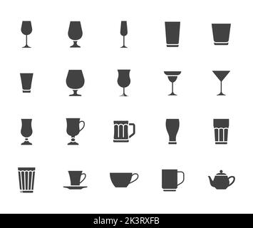 Illustration de verre plat comprenant des icônes comme type de verre de boisson - tasse de bière, whisky, vin, théière illustration minimale. Glyphe simple Illustration de Vecteur