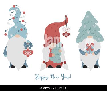 Nouvelle année carte famille gnomes. Mignon gnome de dessin animé fille et homme avec arbre de Noël et boules de Noël et des cadeaux. Illustration vectorielle. Caractères scandi Illustration de Vecteur