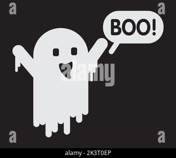 Personnage de dessin animé drôle en costumes de fantôme pour Halloween avec texte de Boo. Icône de monstres amusants, clip art, illustration. Illustration de Vecteur
