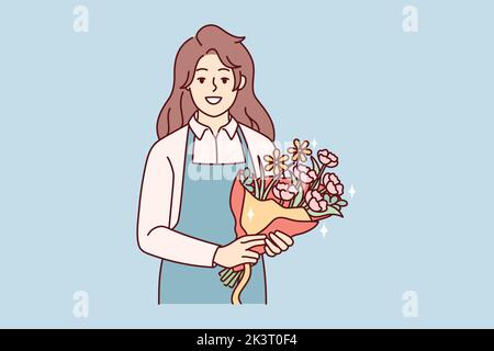 Portrait d'une fleuriste féminine souriante en tablier portant un joli bouquet floral. Femme heureuse avec des fleurs dans les mains travaillant dans la boutique botanique. Illustration vectorielle. Illustration de Vecteur