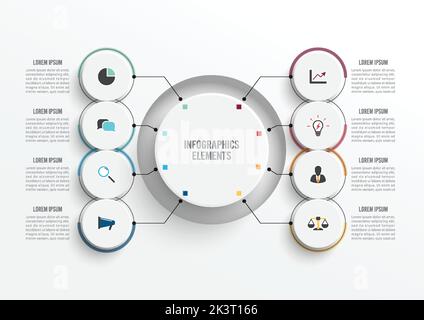 Modèle d'infographie vectoriel avec étiquette en papier tridimensionnel, cercles intégrés. Business concept avec 8 options. Pour le contenu, le diagramme, l'organigramme, les étapes, les pièces, t Illustration de Vecteur