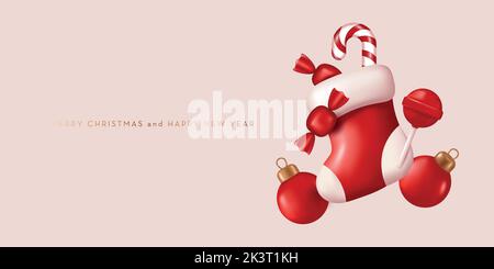 Composition de Noël avec chaussette et bonbons rouges. Bannière Web avec espace de copie. Illustration vectorielle dans le style réaliste 3D Illustration de Vecteur