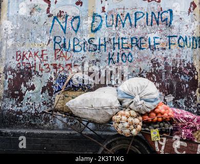 Brouette avec sacs de pommes de terre, oignons et autres sacs Banque D'Images