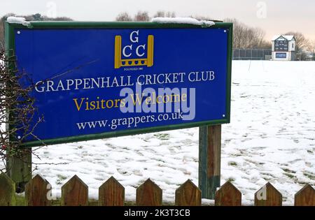 Grappers Grappenhall Cricket Club dans la neige d'hiver, Broad Lane, Grappenhall, Warrington, Cheshire, ANGLETERRE, ROYAUME-UNI, WA4 3ER Banque D'Images