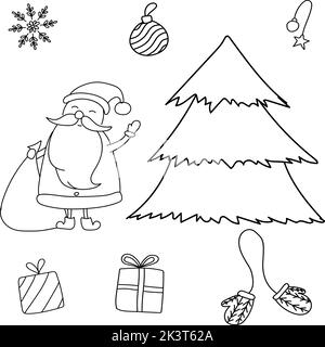 Doodle vectoriel dessiné à la main. Ensemble nouvel an avec Noël Clause, sapin de Noël, moufles, cadeaux, flocon de neige, boules. Silhouette noire pour colorier la page, web de Illustration de Vecteur