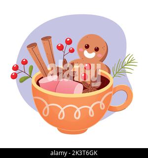 Un homme souriant de pain d'épice se baignant dans une tasse de chocolat avec des guimauves, des anses étoiles et des barres de cannelle. Collection bonbons de Noël. Vecteur de dessin animé i Illustration de Vecteur