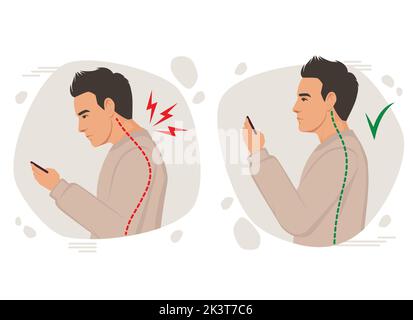 Posture homme illustration du vecteur, angle de tête incorrect à l'aide du téléphone, mauvaise posture, mal de dos, douleur d'épaule, courbure de la colonne vertébrale, posture incorrecte Illustration de Vecteur