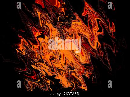 Texture abstraite de fond du papier peint liquide à flamme orange sur une surface noire Banque D'Images