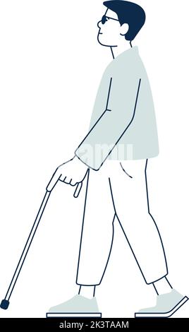 Jeune homme sans vue avec canne à pied. Personne aveugle Illustration de Vecteur