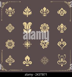 Ensemble vintage d'éléments dorés. Différents éléments pour les arrière-plans, les cadres et les monogrammes. Motifs classiques. Ensemble de motifs vintage Banque D'Images