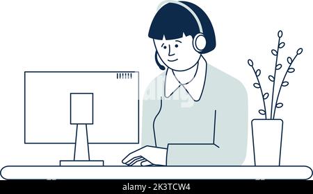 Femme travaillant sur un ordinateur dans un casque. Concept de poste de bureau Illustration de Vecteur