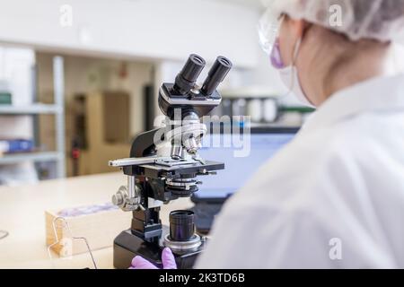 vue arrière d'une femme scientifique anonyme regardant au microscope en laboratoire Banque D'Images