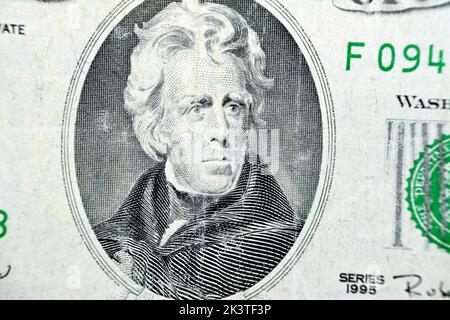 Portrait du président Andrew Jackson du côté opposé d'un vieux billet de 20 vingt dollars monnaie série 1995, vieux billet de banque américain, v Banque D'Images