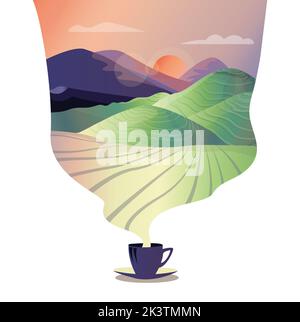 une tasse de café à la vapeur qui en émane sous la forme d'un nuage avec un paysage de montagne. atmosphère naturelle agréable avec des plantations de café Banque D'Images