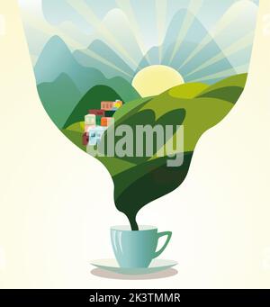 une tasse de café à la vapeur qui en émane sous la forme d'un nuage avec un paysage de montagne. atmosphère naturelle agréable avec des plantations de café Banque D'Images