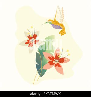 Hummingbird. colibri tropical volant multicolore avec fleur isolée sur fond blanc. Illustration vectorielle de l'oiseau de paradis lumineux survole le Banque D'Images