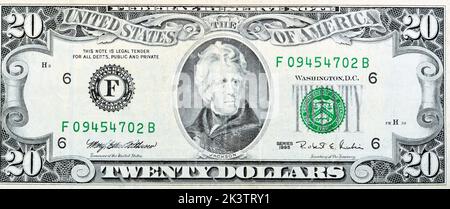 Grand fragment du côté opposé de 20 vingt dollars projet de loi banknote série 1995 avec le portrait du président Andrew Jackson, l'ancien argent américain ba Banque D'Images