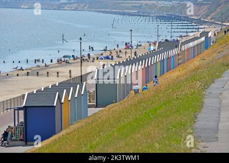 Station balnéaire de Gorleston-on-Sea et côte longue ligne de cabanes de plage sous les falaises d'herbe défenses de groyne plus loin le long de la côte Norfolk Angleterre Royaume-Uni Banque D'Images