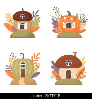 Maisons de fantaisie de dessins animés pour fées, elfes, gnomes. Champignons, citrouilles et glands mignons maisons de fées dans un ensemble de vecteurs isolé sur fond blanc. Banque D'Images