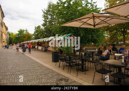 Ljubljana, Slovénie - 3 septembre 2022. Un marché de rue dans une route piétonne du centre de Ljubljana, en Slovénie Banque D'Images