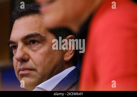 Bruxelles, Belgique. 28th septembre 2022. Les députés grecs et européens assistent à la célébration du centenaire de la naissance de Manolis Glezos au Parlement européen, à Bruxelles, sur 28 septembre 2022. Crédit: ALEXANDROS MICHAILIDIS/Alamy Live News Banque D'Images