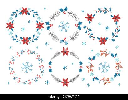 Collection couronne d'hiver. Six couronnes fleuries décoratives saisonnières, parfaites pour les tourillons et les cadres. Éléments vectoriels isolés. Illustration de Vecteur