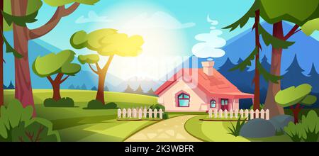 Maison de campagne en forêt. Illustration vectorielle de paysage estival de village avec clôture, chemin et montagnes. Chalet Forester avec pelouse verte, arbres, buissons, collines et lumière du soleil. Illustration de Vecteur