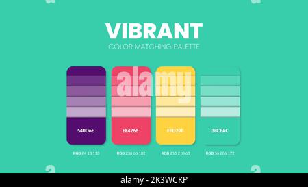 Exemples de cartes de guide couleur vibrantes. Palette de thèmes de couleurs ou collection de combinaisons de couleurs. Combinaisons de couleurs RVB ou HEXADÉCIMALES. Ensemble de nuances de couleurs de tendance Illustration de Vecteur