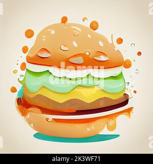 Icône de hamburger juteux brillant. Illustration du fast-food restaurant. Illustration numérique. Banque D'Images