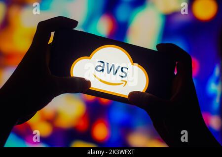 Dans cette illustration, le logo Amazon Web Services (AWS) s'affiche sur un smartphone. Banque D'Images