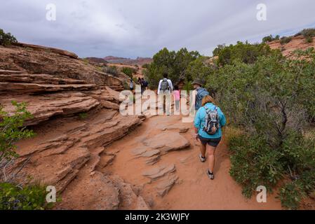 Les familles apprécient l'un des nombreux sentiers du parc national d'Arches, dans l'Utah, aux États-Unis Banque D'Images