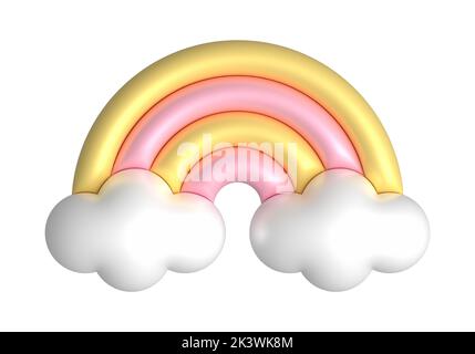 3d arcs-en-ciel de couleur jaune pastel, rose. Arc-en-ciel en plastique mignon avec nuages. 3D illustration du ressort de rendu adaptée à la décoration d'anniversaire Banque D'Images