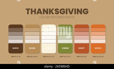 Jeu de couleurs Thanksgiving. Guide des combinaisons et des palettes de tendances des couleurs. Exemple de nuances de couleurs de tableau en RVB et EN HEXADÉCIMAL. Nuance de couleur pour la mode, la maison, Illustration de Vecteur