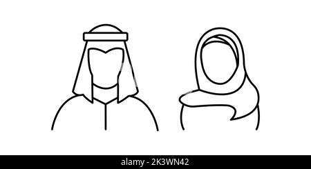 Arabe musulman homme et femme icônes linéaires. Avatar du peuple saoudien sans visage. Silhouette de ligne. Couple arabe traditionnel de l'arrière. Contour de style plat. Vect Illustration de Vecteur