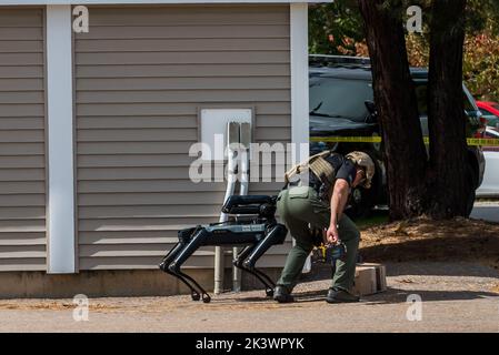 Stow, Massachusetts. 28th septembre 2022. La police de l'État de masse bombarde l'escouade inspectant un colis suspect trouvé dans le parking du supermarché Shaw. Banque D'Images