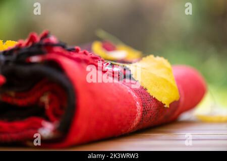 Couverture rouge lainages chaude et feuilles d'automne sur table en bois. Arrière-plan d'automne avec motif écossais le jour de soleil dans le jardin d'automne. Arrière-plan flou Banque D'Images