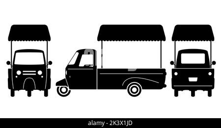 Silhouette de chariot alimentaire sur fond blanc. Les icônes de véhicule définissent la vue latérale, avant et arrière. Illustration de Vecteur