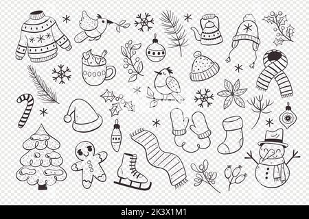 Objets d'hiver mignons et mignons isolés. Collection de produits saisonniers comme les vêtements, la décoration de noël et les éléments d'hiver, parfait pour créer du vin Illustration de Vecteur