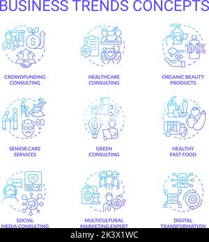 Ensemble d'icônes de concept de gradient bleu pour les tendances commerciales Illustration de Vecteur