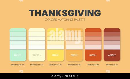 Jeu de couleurs Thanksgiving. Guide des combinaisons et des palettes de tendances des couleurs. Exemple de nuances de couleurs de tableau en RVB et EN HEXADÉCIMAL. Nuance de couleur pour la mode, la maison, Illustration de Vecteur