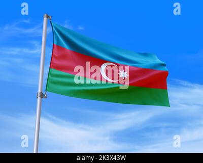 Magnifique drapeau de l'Azerbaïdjan agitant dans le vent avec fond de ciel - 3D illustration - 3D rendu Banque D'Images