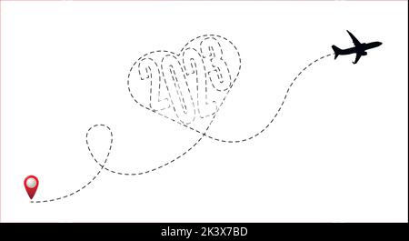 Vol en avion avec les numéros du nouvel an 2023 à l'intérieur du coeur. Voyagez le nouvel an. Illustration de Vecteur