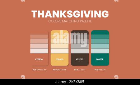 Jeu de couleurs Thanksgiving. Guide des combinaisons et des palettes de tendances des couleurs. Exemple de nuances de couleurs de tableau en RVB et EN HEXADÉCIMAL. Nuance de couleur pour la mode, la maison, Illustration de Vecteur