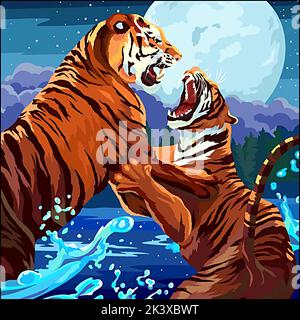 photo de deux tigres combattant sur l'eau la nuit Banque D'Images