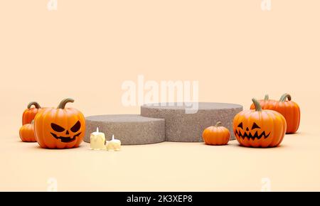 Halloween deux plates-formes piédestaux avec citrouilles et bougies sur fond orange pour la présentation de substance dans l'illustration 3D. Bonnes ventes d'halloween et Banque D'Images