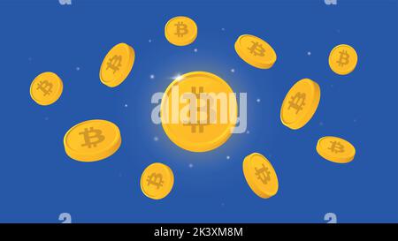 Explosion de pièces de Bitcoin brillantes et flottantes. Crypto-monnaie BTC isolée sur fond bleu. Illustration de Vecteur