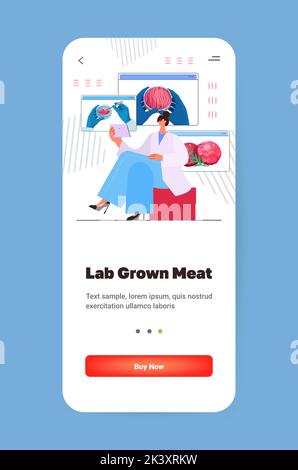 les scientifiques tiennent des mains de culture de viande brute rouge faite de cellules animales artificiel de laboratoire de production de viande concept Illustration de Vecteur
