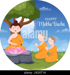 Happy Makha Bucha modèle de jour dessin à la main dessin à la main dessin à la main dessin à plat Illustration Bouddha assis dans la fleur de Lotus sous l'arbre de Bodhi la nuit entouré par Monk Illustration de Vecteur