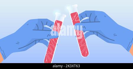 les mains des scientifiques tiennent des tubes à essai avec de la viande brute rouge de culture faite de cellules animales viande artificielle de laboratoire Illustration de Vecteur